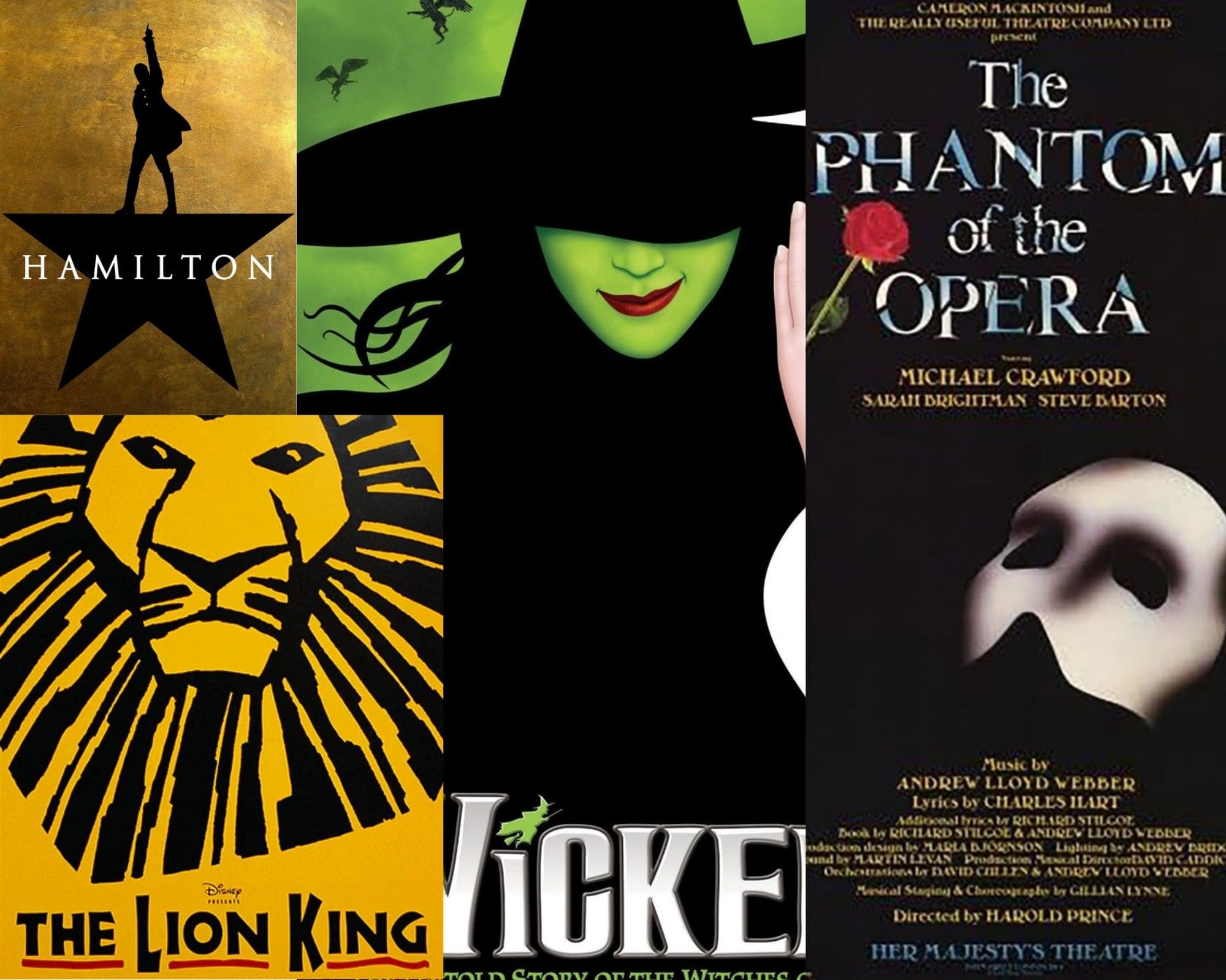Posters of iconic Broadway musicals including Hamilton, Wicked, The Lion King, and The Phantom of the Opera. Perfect image to highlight musical theater history on Kaikana Musicals.